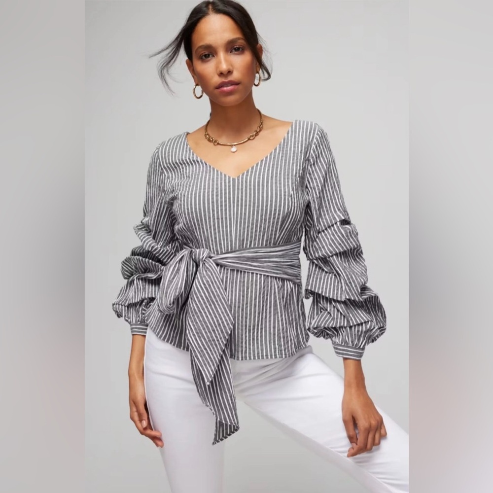 White House Black Market Gray Striped Ruffle Sleeve Blouse